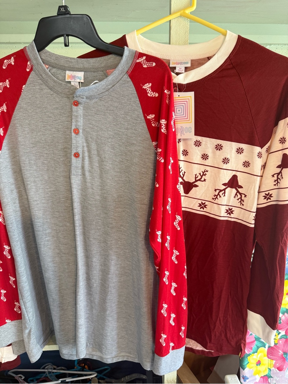Lularoe 2 Long-Sleeve Men’s henley Christmas Top Red & Gray New 1 NWOT M & L